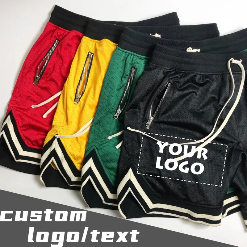 

Летние мужские сетчатые шорты с вашим логотипом, спортивные свободные брюки для баскетбола, дышащие штаны для фитнеса и бега, мужская одежда