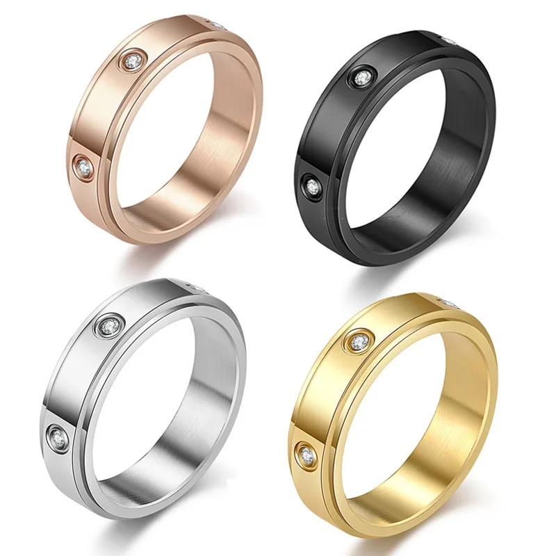 

6mm Stainless Steel Anxiety Fidget Ring Zircon Engagement Wedding Promise Band for Women Men Teens Size 6-11