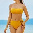 Желтый однотонный комплект бикини с высокой талией и бахромой, купальник, сексуальный купальник из двух предметов, новинка 2022, пляжные купальные костюмы