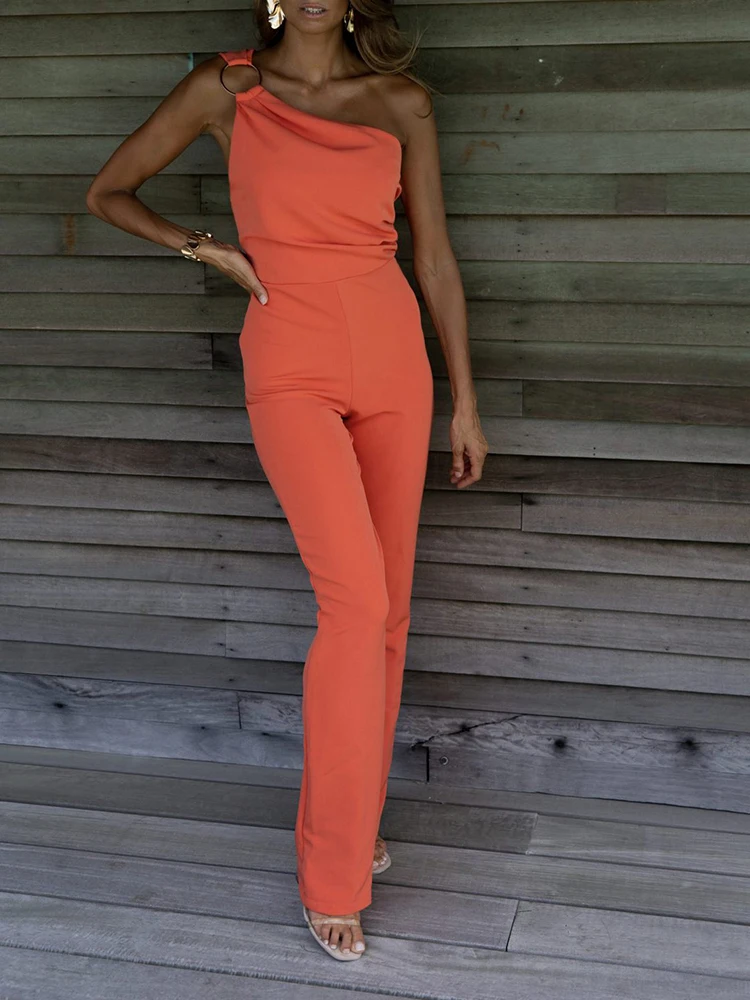 

Elegant Women Solid Backless Zipper Party Jumpsuits Sexy Slash Neck Waist Slim Romper Lady Commute Off Shoulder Office Overall