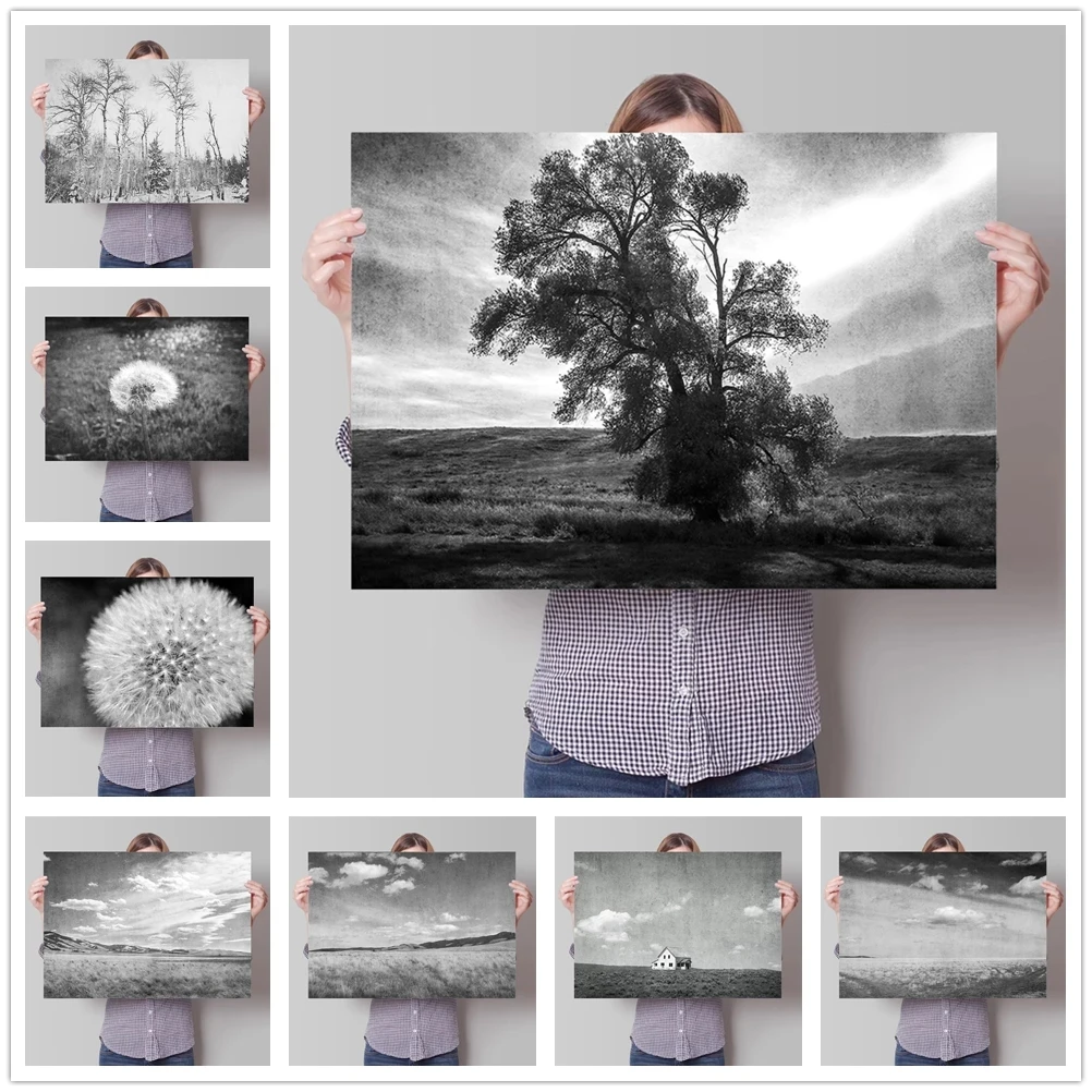 

Home Decor Hd Prints Painting Black and White Picture Wall Art Landscape Grassland Modular Canvas Modern Posters For Living Room