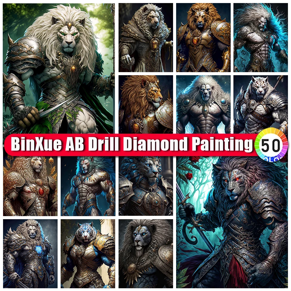 

BinXue 2023 New 5D DIY Gothic Lion AB Diamond Painting Kit Knight Armor Cross Stitch Tiger Handmade Mosaic Art Home Decor Gifts