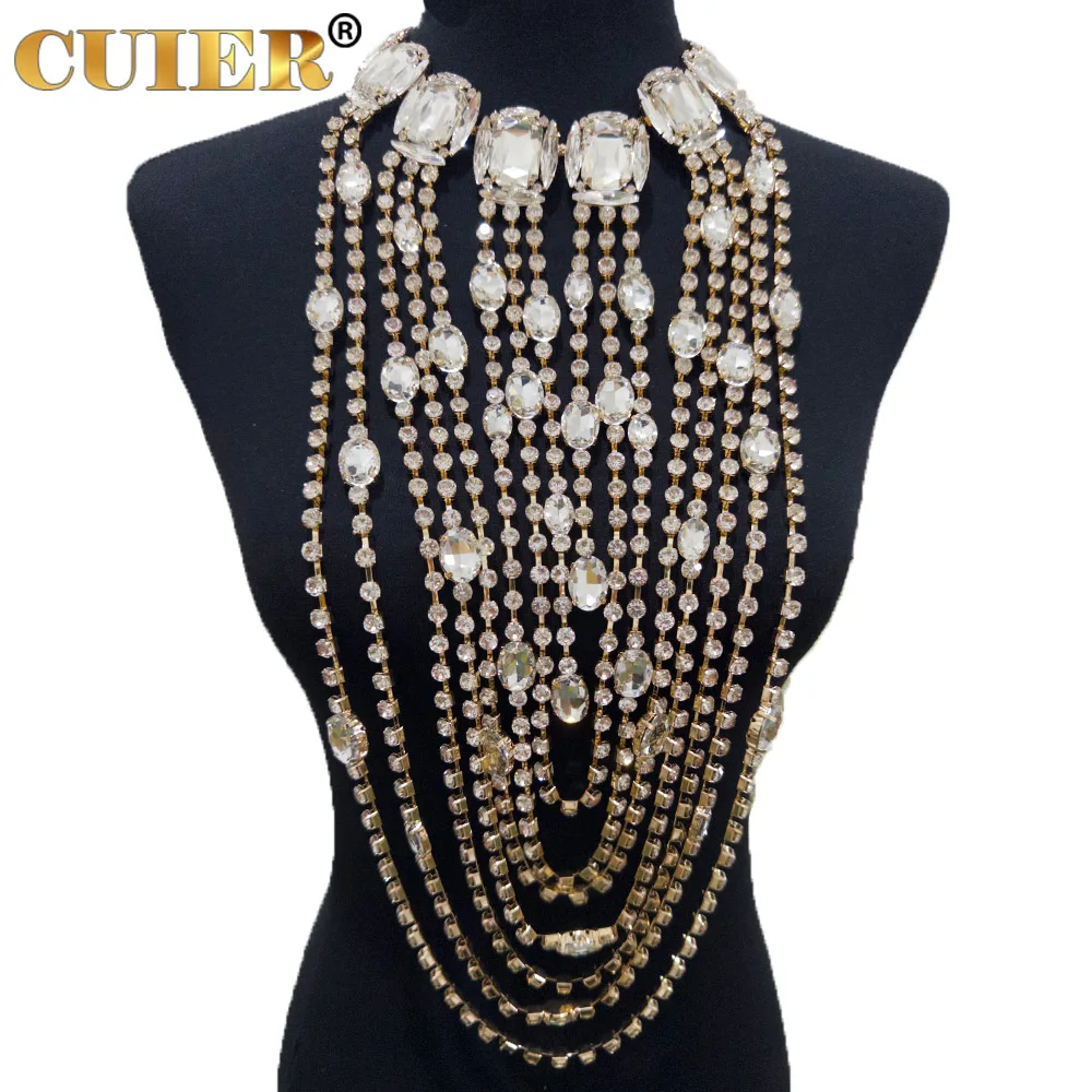 CUIER 45CM Super Shiny Long Gold Tassel Rhinestones Glass Necklace Choker Jewelry For Women Drag Queen Accessories Huge Size