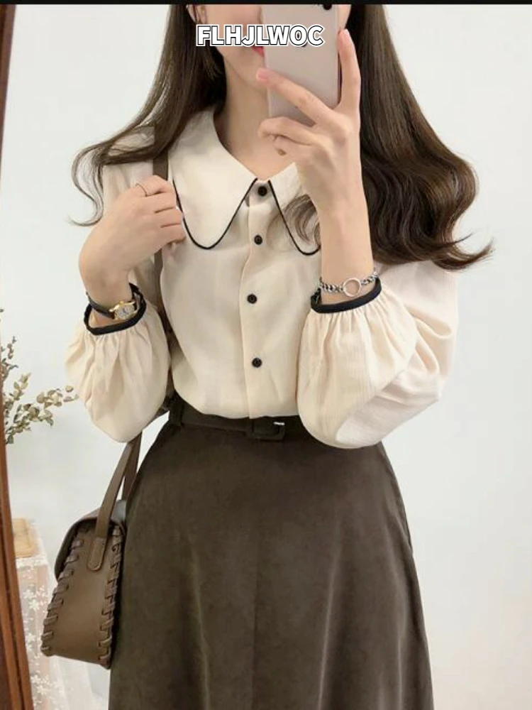 

Cute Sweet Tops Women Preppy Korean Style Long Sleeve Temperament Lady Girls Button Peter Pan Collar Shirt Blouse Corduroy Top