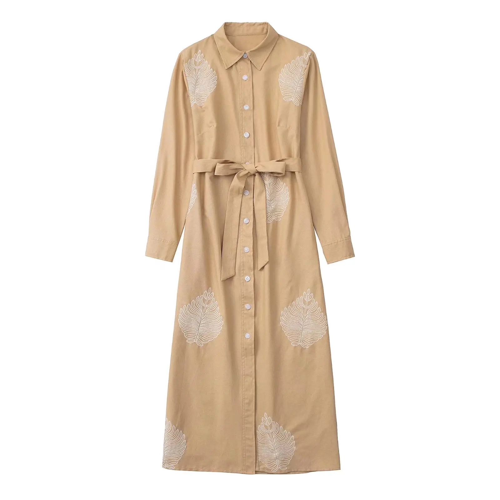 

Clothland Women Stylish Embroidery Shirt Dress Bow Tie Sashes Long Sleeve Pockets Vintage Office Wear Maxi Vestidos LA540