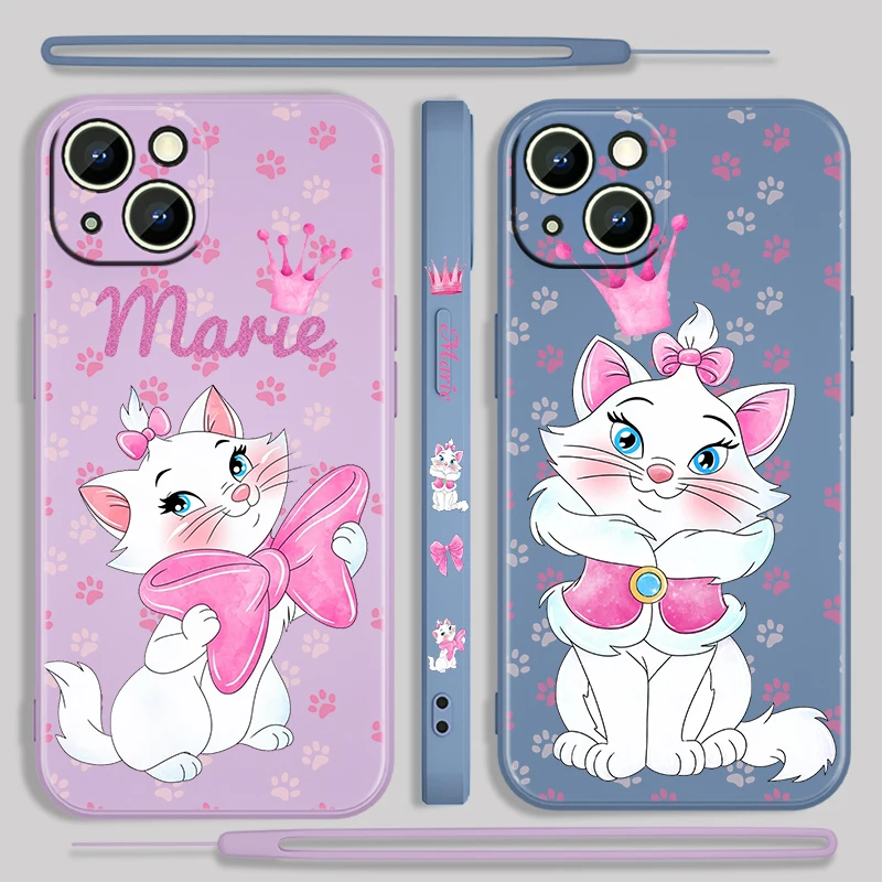 

Cartoon Marie Cat For Apple iPhone 14 13 12 Mini 11 Pro XS MAX XR X 8 7 6S Plus Liquid Left Rope Soft Phone Case Coque Capa