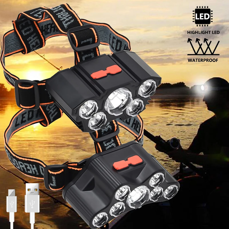 

Usb Headlight Rechargeable Built-in Battery 5 Led Strong Super Bright Head-Mounted Flashlight Outdoor Rechargeable Night Fishing