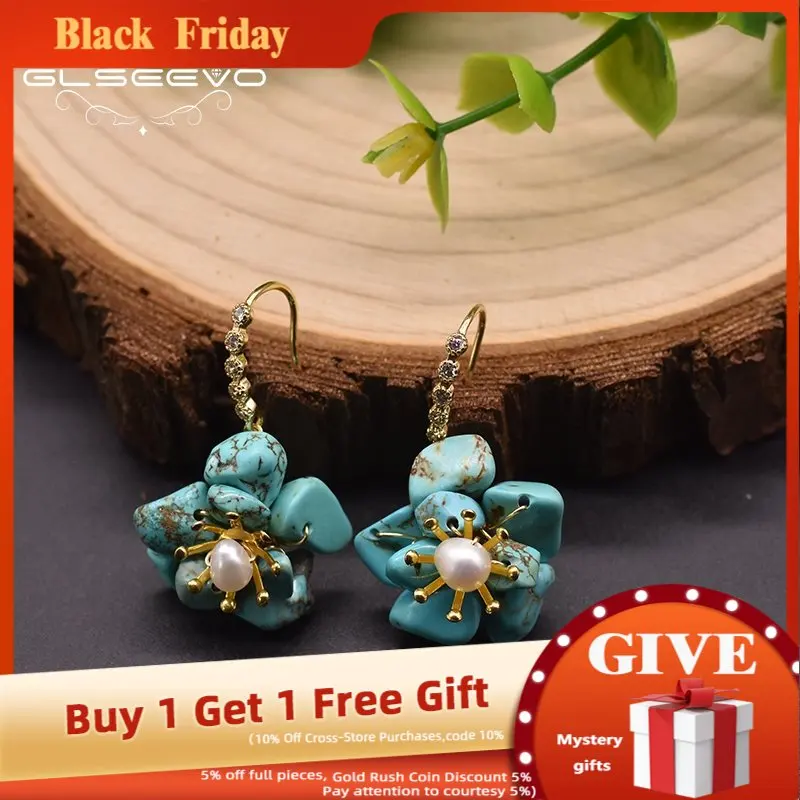

GLSEEVO Natural Pearl Flower Shape Drop Earrings For Women Turquoise Personalized Luxury Jewelry Handmade Accessories GE1000