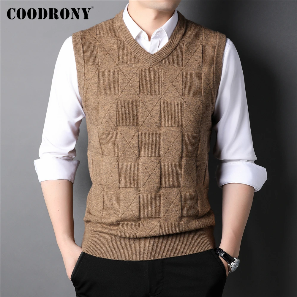 

COODRONY Knitted Vest Men Autumn Winter New Arrival Thick Warm Sleeveless Sweater Vests Pure Color Plaid V-Neck Waistcoat Z1069