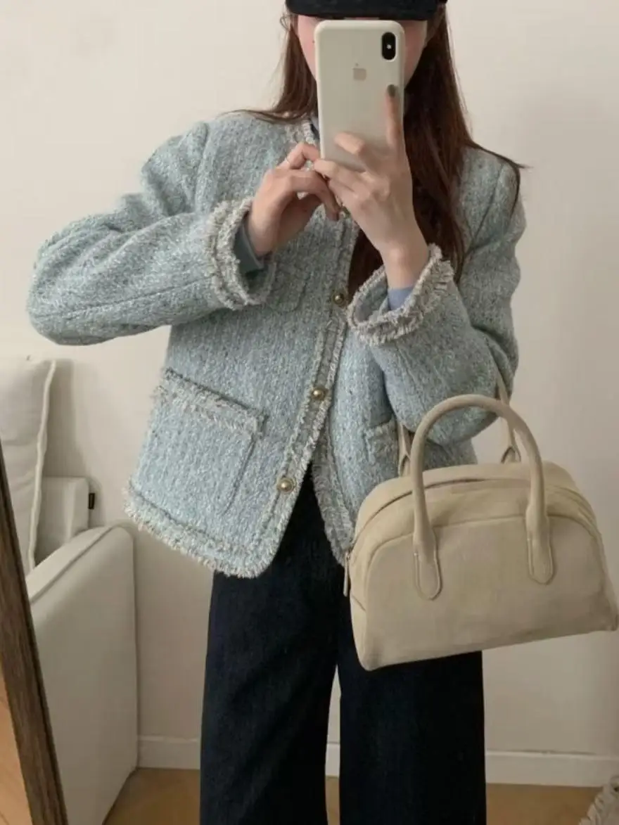 Синий флисовый пуховик изящная женская короткая куртка новинка зимы 2024