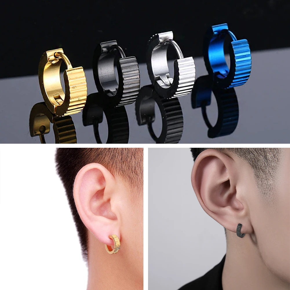 

1piece Punk Surgical Men Stainless Steel Ear Buckle Stud Earring For Women 4 Kinds Pattern Black Pierced Ear Buckle Hoop Earring
