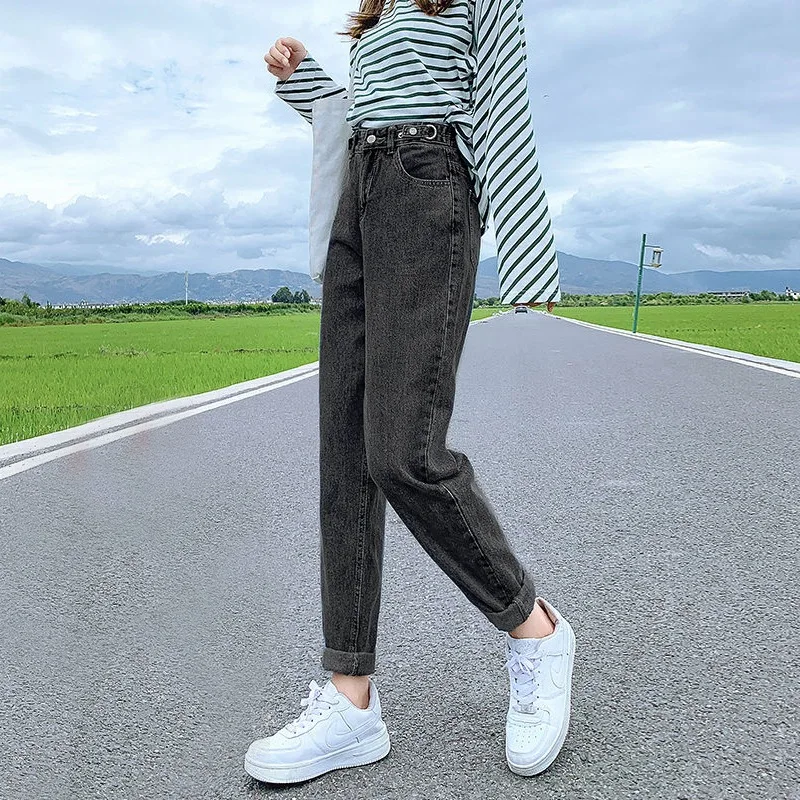 Plus velvet dad jeans women's autumn and winter new thickening small tall waist was thin straight loose nine points harem pants