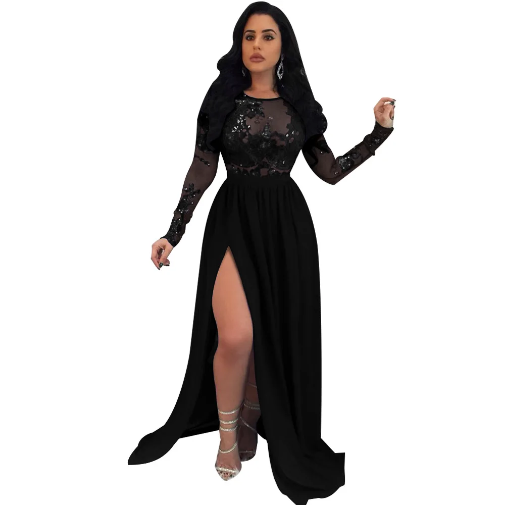 

Dress Sexy Backless Sequin See-through Lace Mopping Slit Dress 2022 Long Sleeve Evening Prom Dress Party Dresses Female Clothing