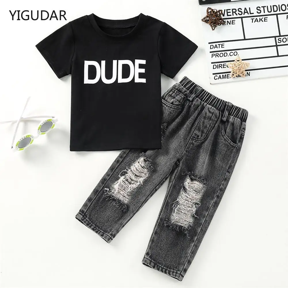 

Casual Boys Clothes Suits Children Short Shirt ripped Jean Scarf Sets Kids black Shirts Trouser Baby Boy's Outfits Stripe