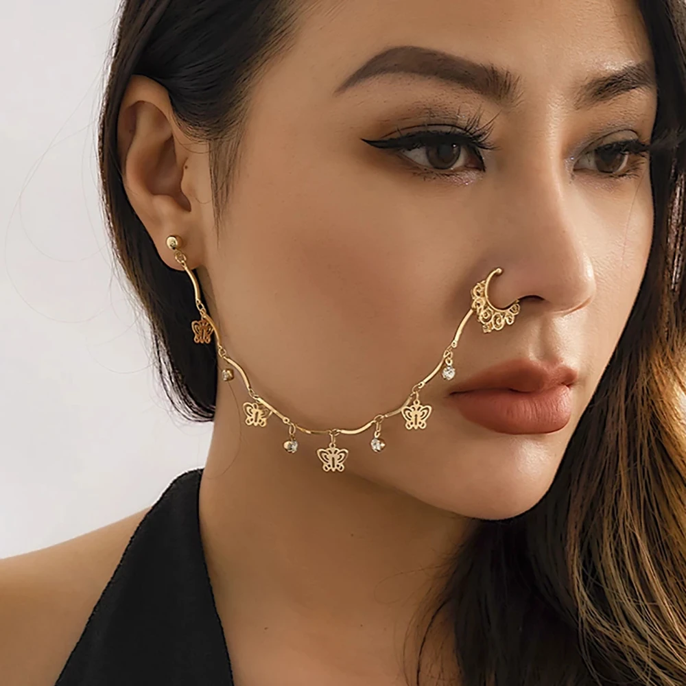 

Lacteo 2022 New Ear Stud Nose Ring Hollow Butterfly Charms Tassel Fake Nostril Cartilage Body Piercing for Women Ladies Jewelry