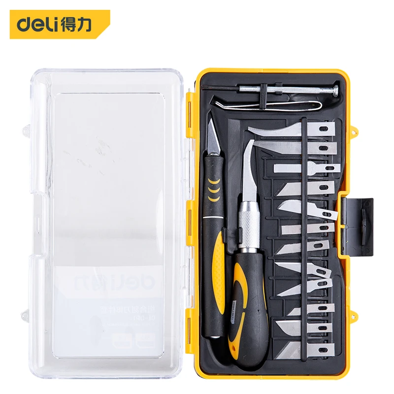 

Deli 16Pcs SK5 Steel Portable Knife Set Kits Blade Knife Handle Repair Tool Set DIY Wood Carving Woodworking Cutting Hand Tools
