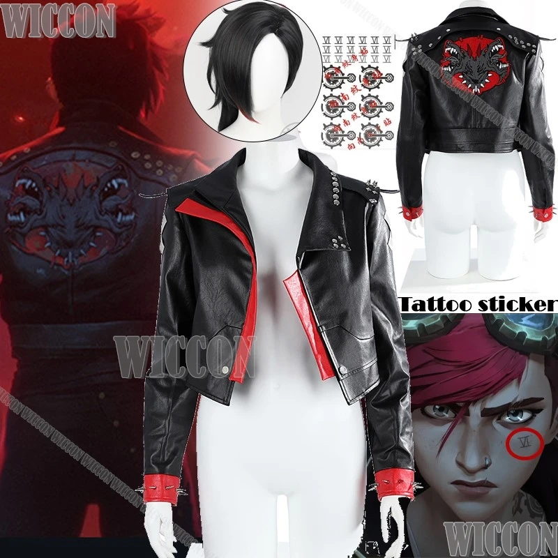 Vi аниме Arcane LOL League of Legends косплей костюм черный парик татуировка наклейка пальто