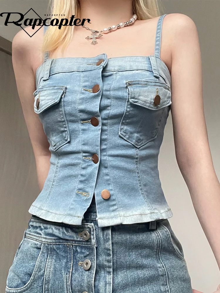 

Rapcopter y2k Pockets Jeans Corset Top Single-Breasted Mini Vest Women Cute Fashion Sweats Do Old Korean Sweats Tanks Summer 90s
