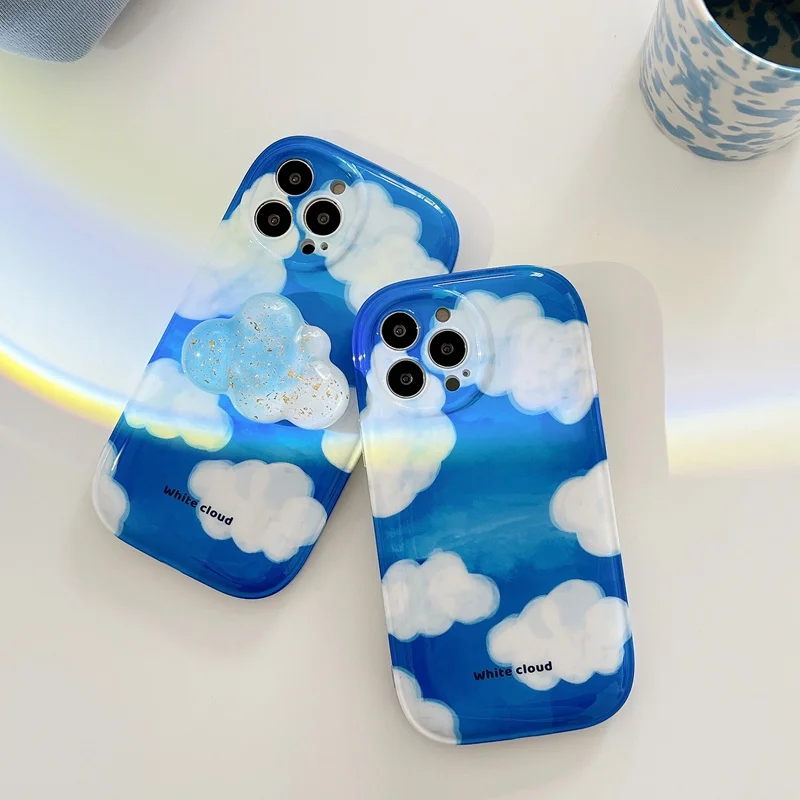 

Watercolor Clouds Air Cushion Phone Case for Iphone 13 12 11 Pro Max Shockproof Lens Protection Phone Cover with Cloud Holder