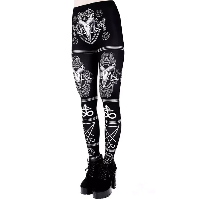 

Gothic Spring Fall Plus Size Ouija Printed Leggings Goat Horn Workout Pants Women Elastic Hexagram Trousers Black Bottoms Female