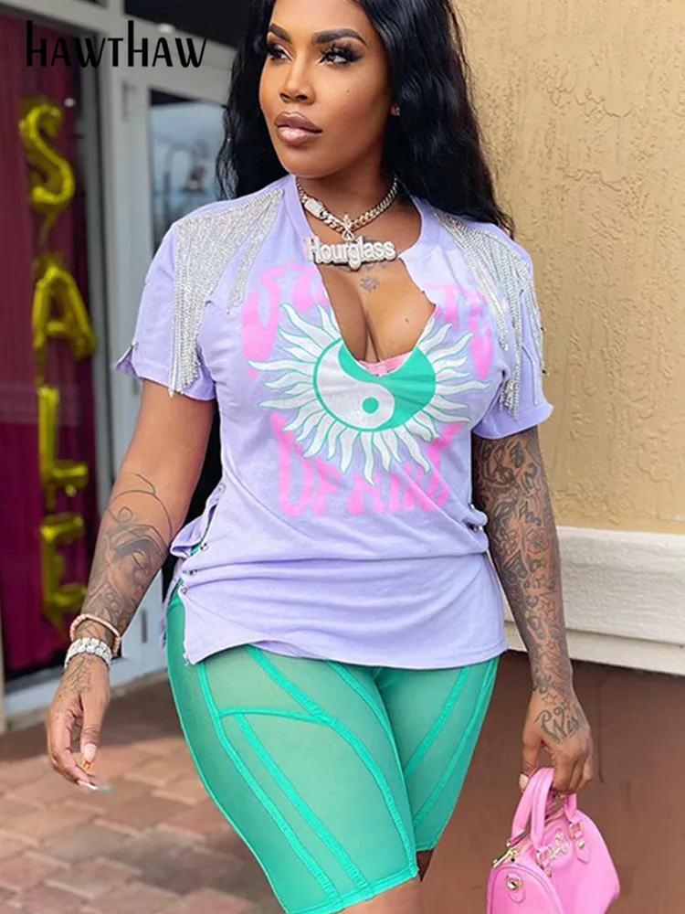 Женская модная футболка Hawthaw с коротким рукавом и буквенным принтом V-образным