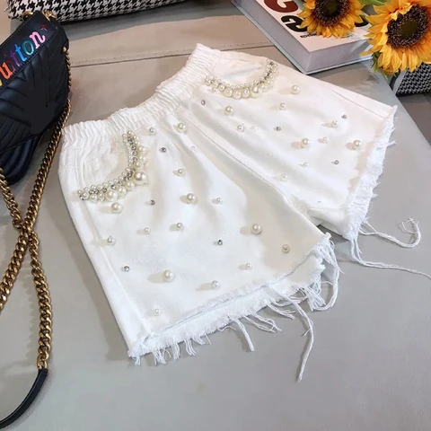 Modis pearls beading diamonds denim shorts women high waist white short femme elastic cotton short wide leg jeans summer 2022