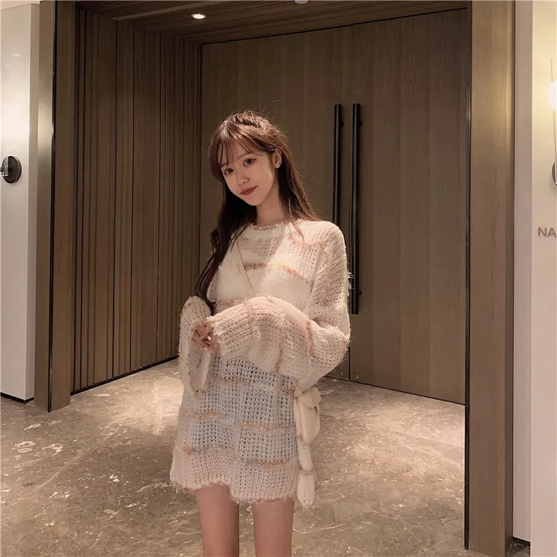 Женский свободный трикотажный свитер в полоску Повседневный пуловер оверсайз с