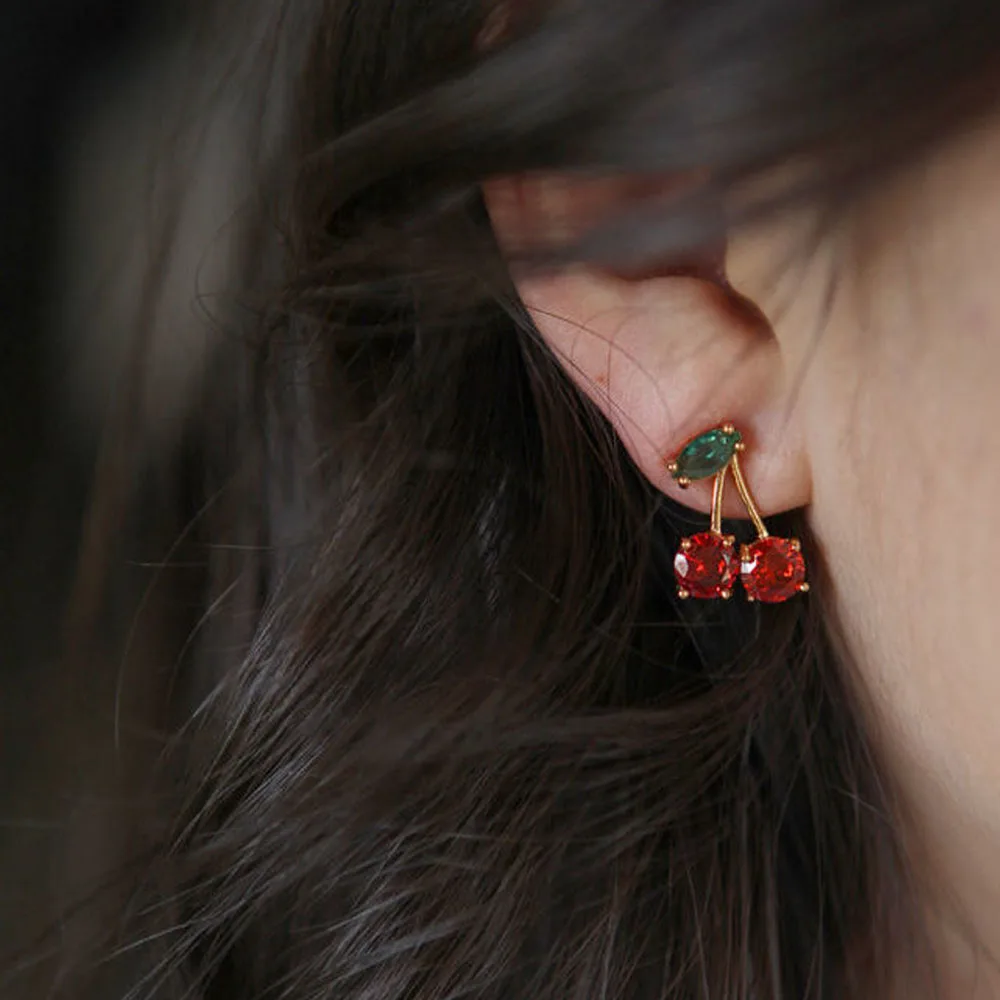 Женские серьги-гвоздики в виде вишни с красным Цирконом