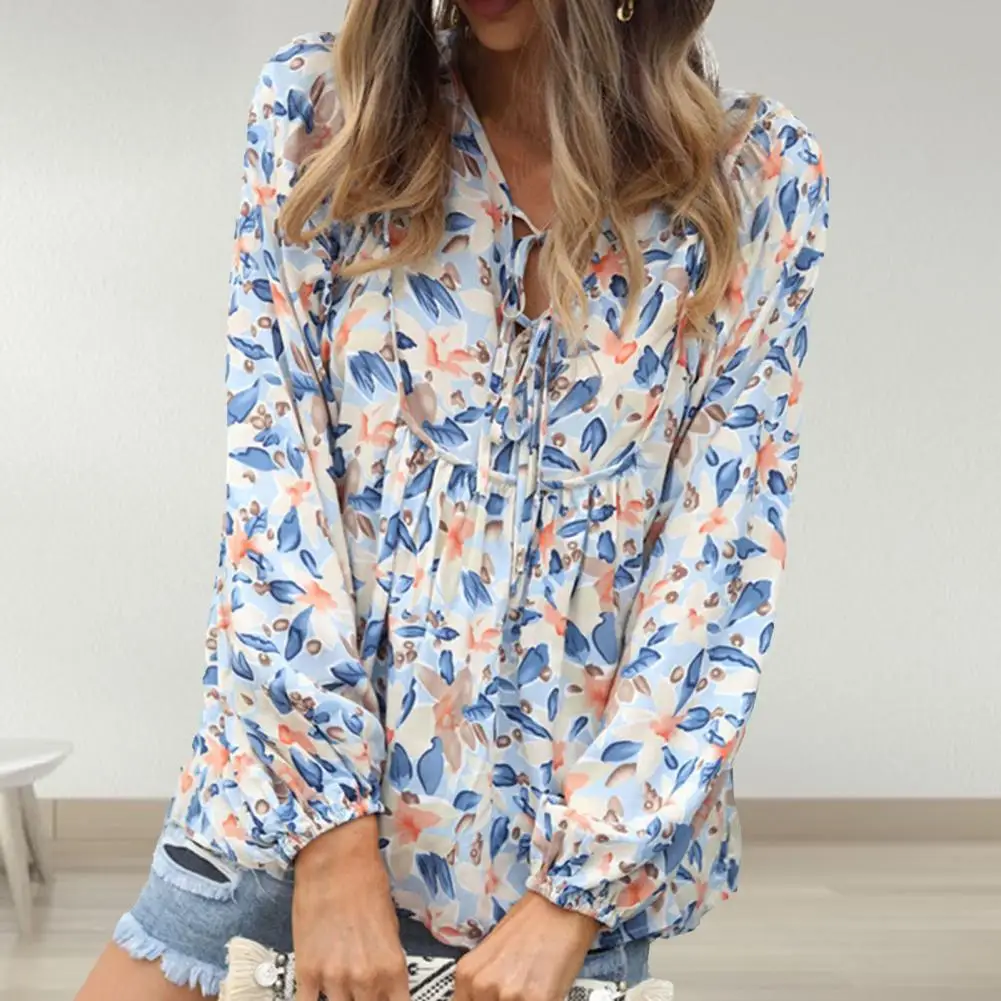

Pullover Cozy Elegant Ladies Floral Printed Blouse Shirts Loose Fit Woman Shirt Long Lantern Sleeves Commuter Wear