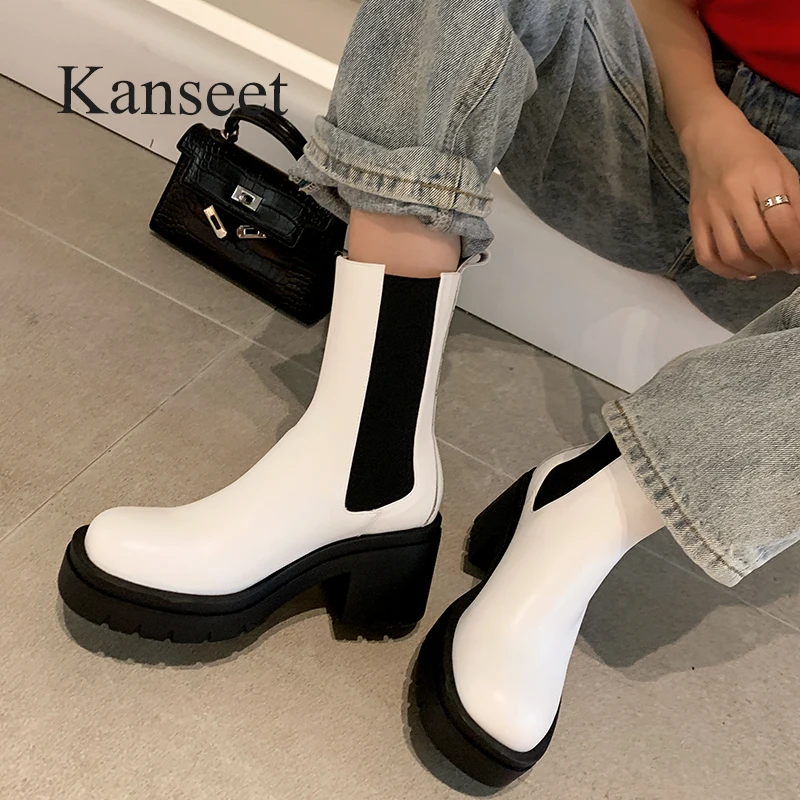 

Женские короткие ботинки Kanseet с круглым носком, осенне-зимняя новая обувь из натуральной кожи, черные эластичные ботильоны на толстом высок...