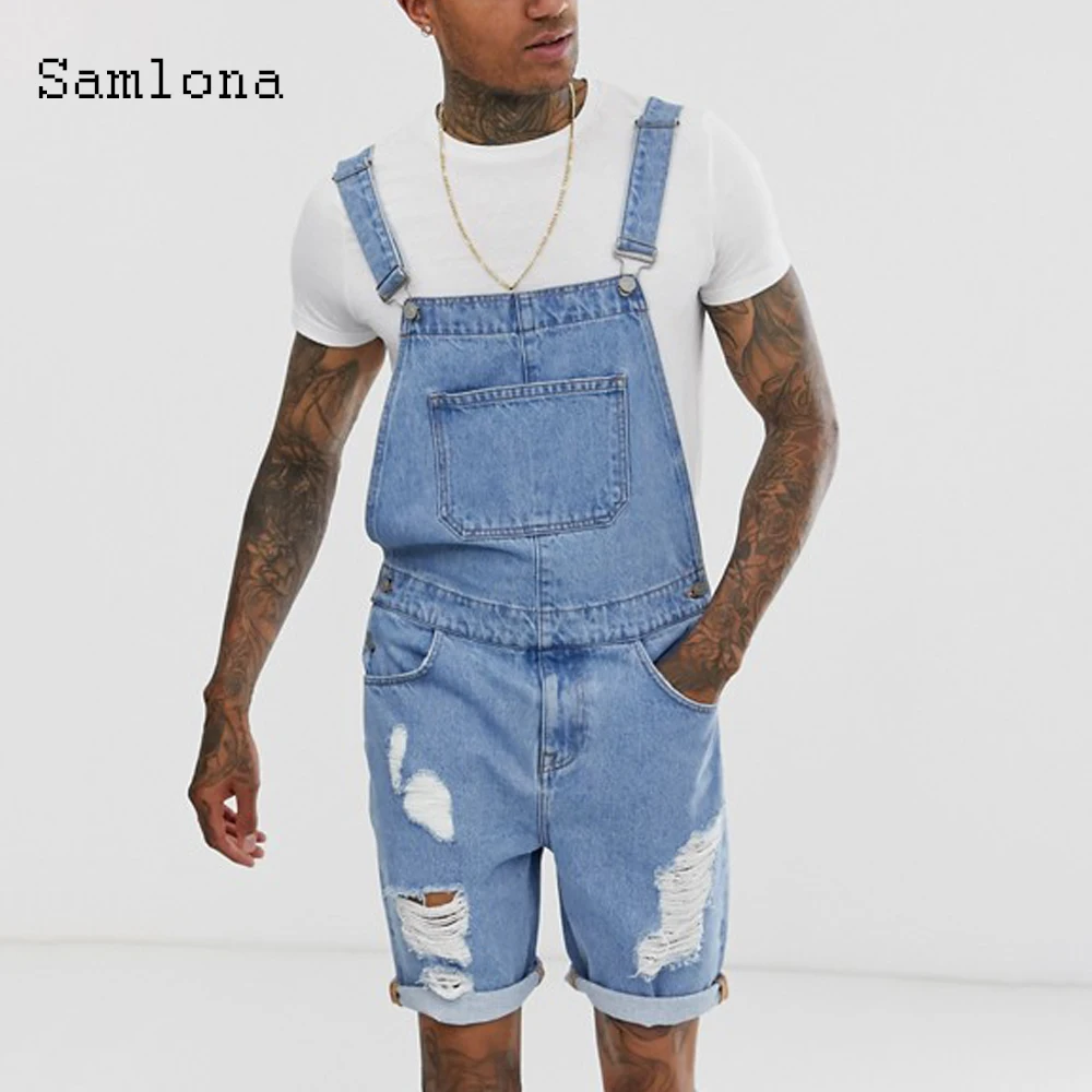 Samlona Plus Size Men's Fashion Jeans Denim Shorts Blue Multi-Pocket Suspender Rompers Jeans 2022 Summer Frayed Jeans Overalls