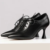 2022 office shoe women lace up genuine leather high heel pumps female shallow pointed toe wedding party ankle boots casual shoes
