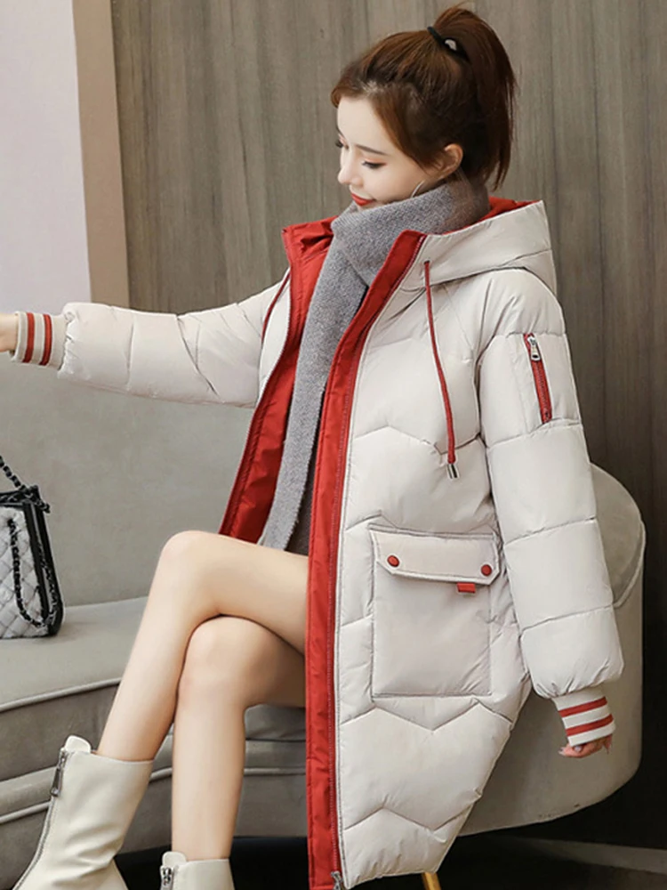 1PCS Women Warm Jacket 2022 New Winter Snow Long Coat Wool Liner Hooded Jacket With Fur Collar Clothes Outwear Korean Solid Cloh