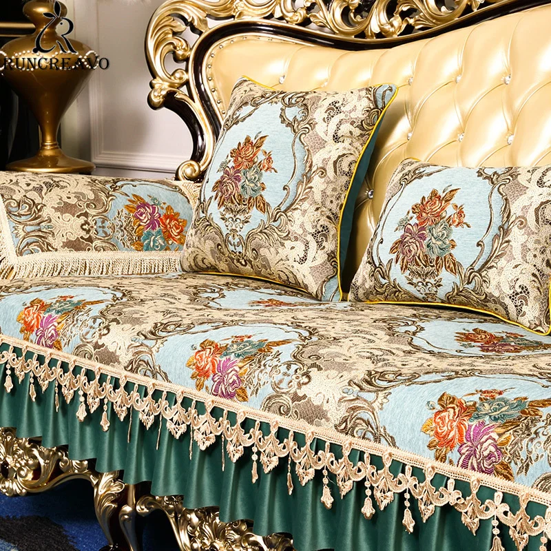 

Жаккардовые Чехлы в стиле ретро, роскошный кожаный чехол для дивана в гостиной, на 2, 3, 4 места, с Европейским кружевом, нескользящий чехол для...