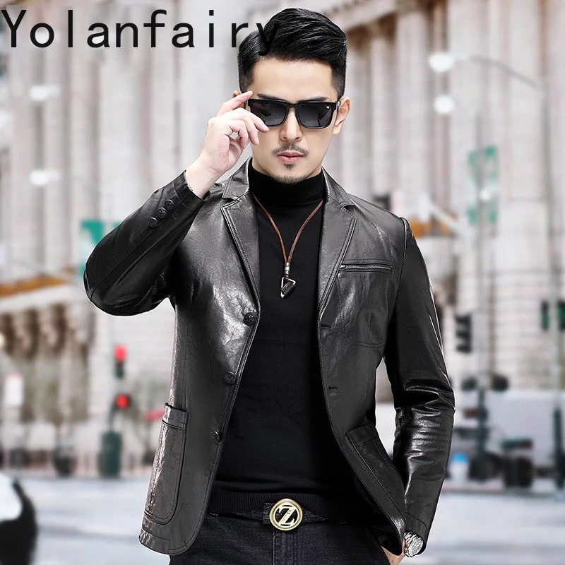 Куртка YOLANFAIRY мужская из натуральной козьей кожи короткое пальто черная одежда