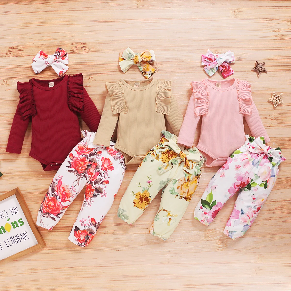 0-18m Baby Girl Autumn Clothing Ruffle Knited Long Sleeve Top Romper Floral Print Long Pants Headband 3pcs Baby Set