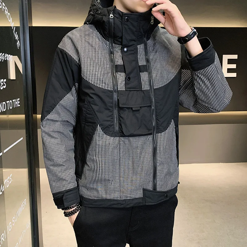 Jacket Men's Autumn Clothing Tooling Cotton Thick Jacket Winter 4XL Outwear Hooded Coat Slim Parka Double Zipper Stripe Jaqueta