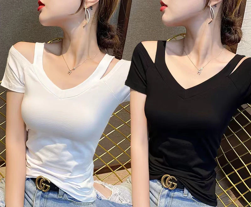

2023 Summer New Strap Short Sleeve Solid Color Ladies T-Shirt Women Off Shoulder V-Neck Slim Casual Tops Tees Clothing M93
