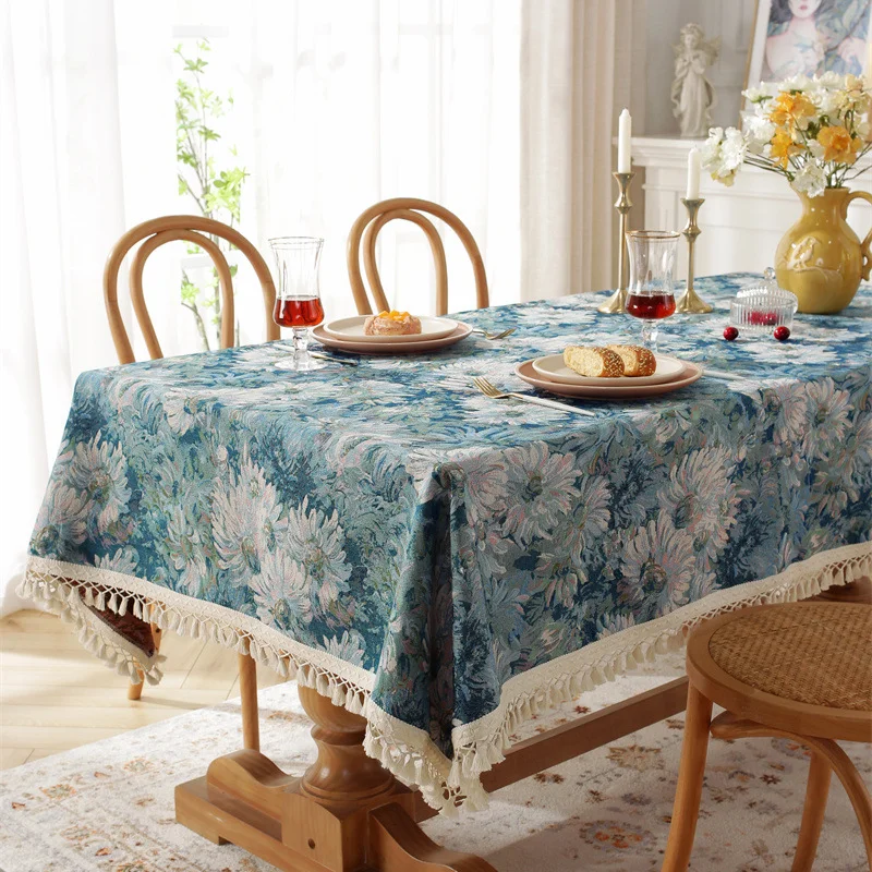 

Скатерти в нордическом стиле, жаккардовая круглая скатерть синего цвета с рисунком маслом, пылезащитный чехол для мебели, кабинета, с кисточками, домашний текстиль