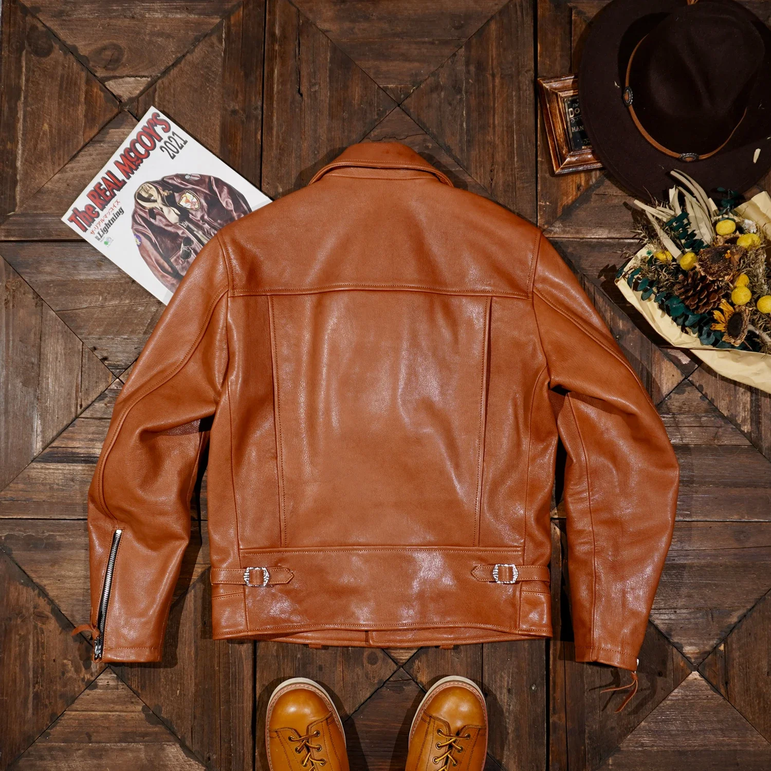 Мужская короткая двойная куртка из натуральной кожи Ri*der без покрытия мытой