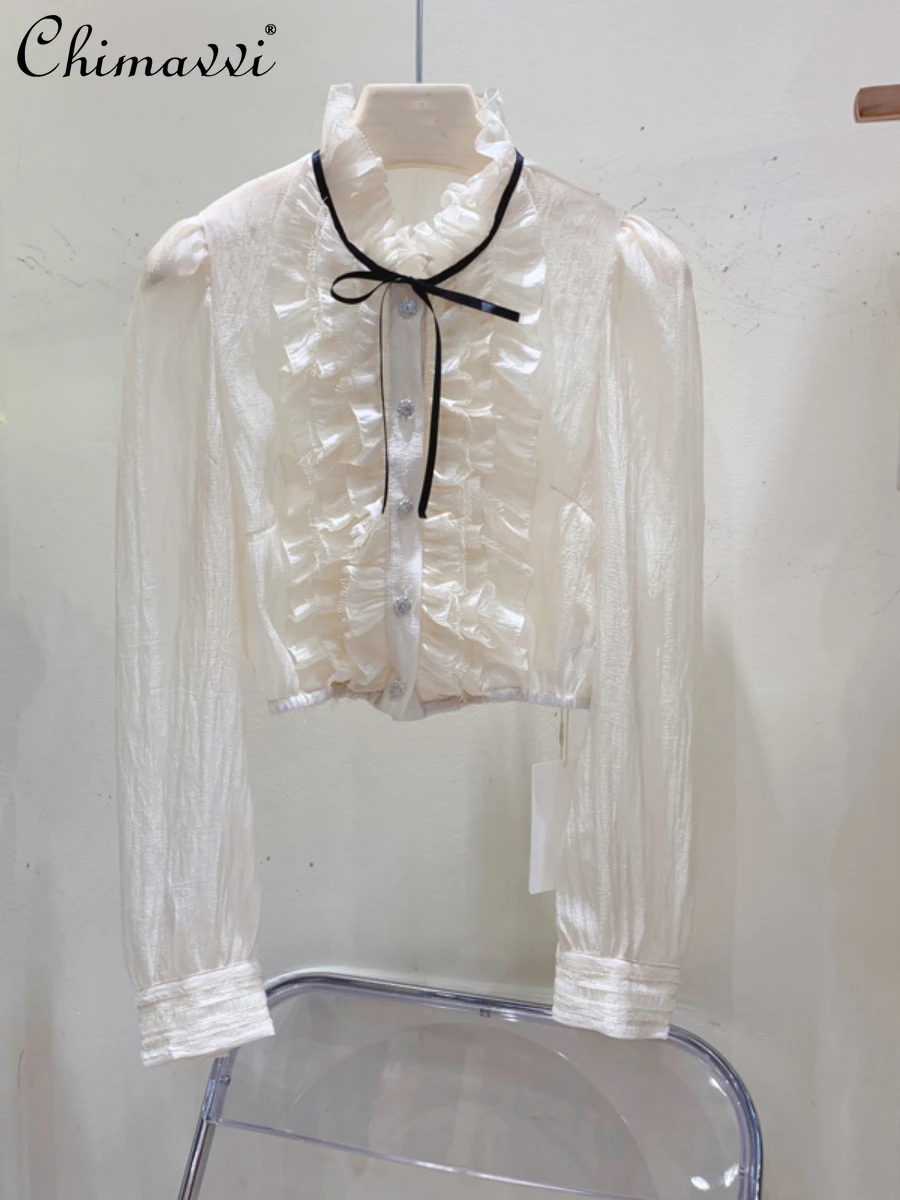 

French Bow Bandage Mesh Stringy Selvedge Shirts 2022 Fashion Stand Collar Bubble Long Sleeve Short Single-Breasted Women Blouse