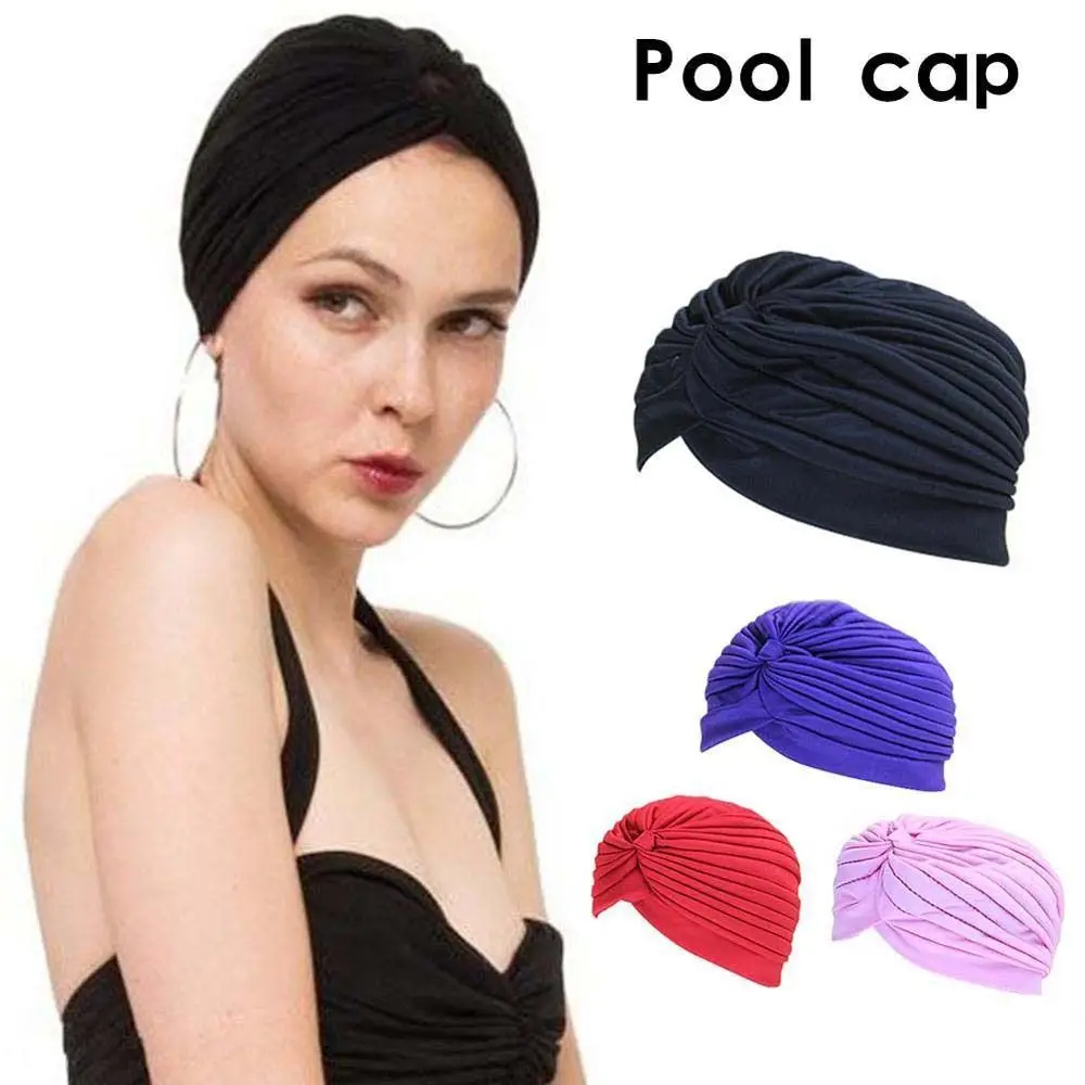 

Women Adjustable Swimming Cap Swim Pool Bathing Hat Protect Long Hair Ears Turban Pleated Fabric Headwear Yoga Caps Multi Colors