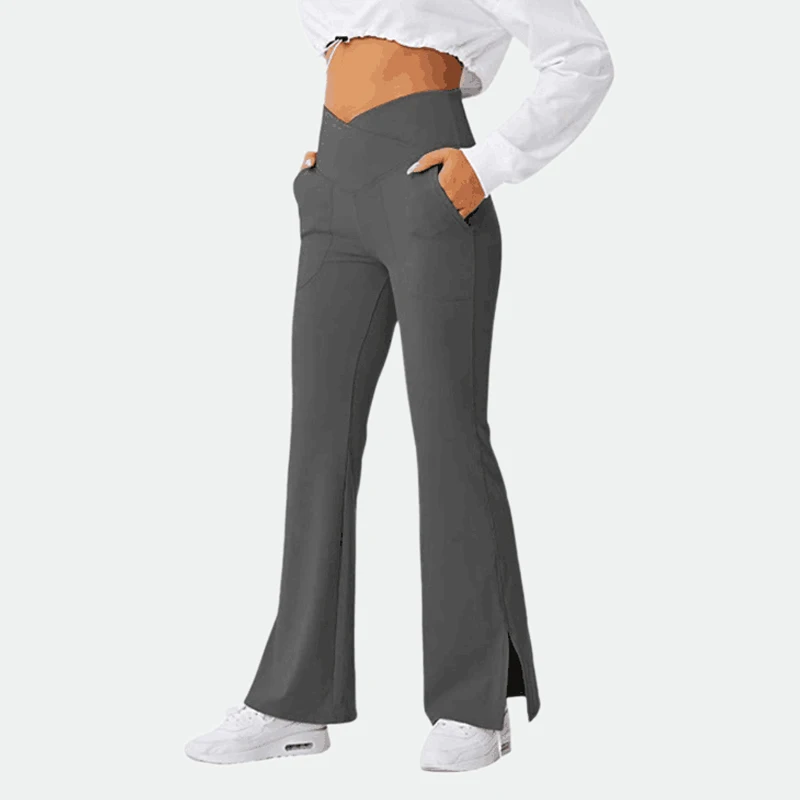 SALSPOR V Waist Fitness Flared Legging Solid Cross Waist Pocket Hem Slit Butt Lift Slim Trousers Legging For Women