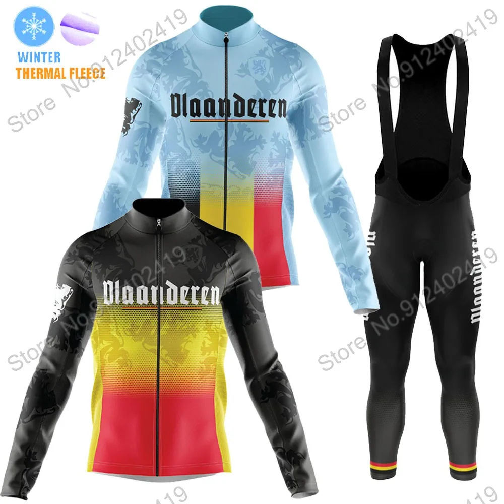 

2021 Winter Vlaanderen Team Blue Black Cycling Jersey Set Mens Clothing Suit Long Sleeve MTB Bike Road Pants Bib Ropa Ciclismo