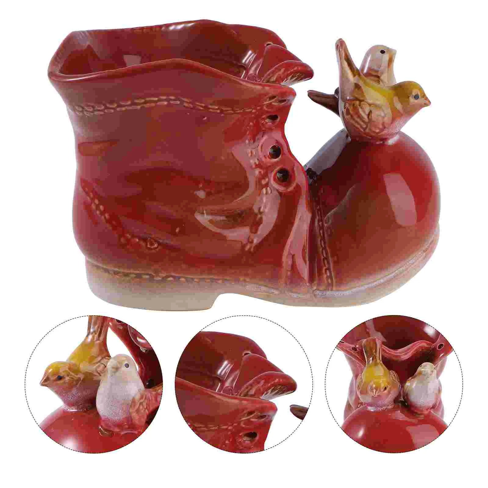 

Ceramic Planter Pot Boot Shape Flower Planter Containers Desk Pen Holder For Bonsai Red