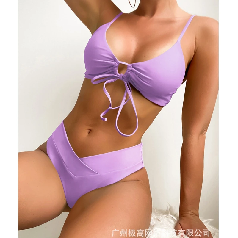 

Соблазнительный однотонный облегающий купальник-бикини, женский купальник на бретелях-спагетти с V-образным вырезом, бандажный купальник с...