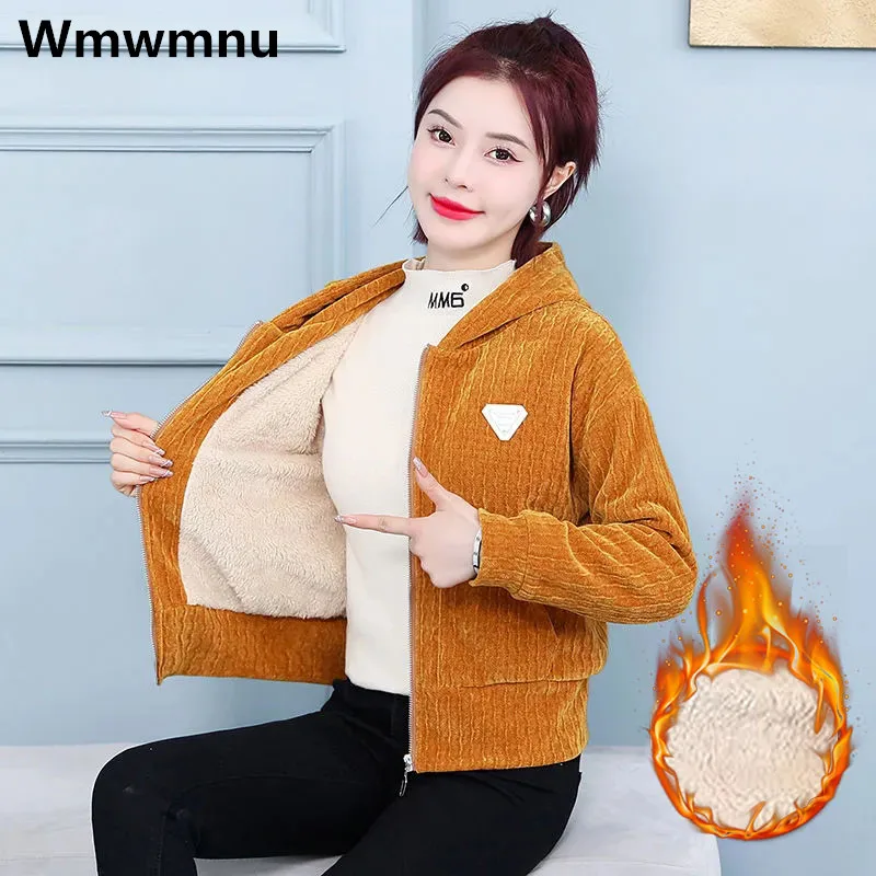 

Fall Winter Womens Thicken Short Jackets Warm Plush Velvet Lined Hooded Coats Casual Loose Fashion Chaquetas Oversize Sweatshirt