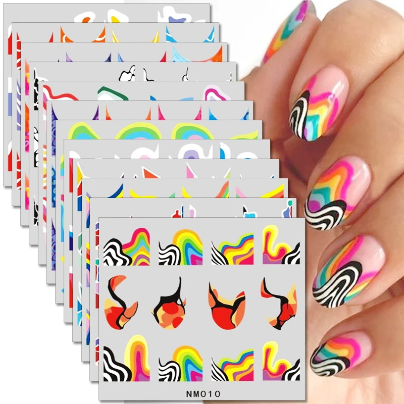 

12pcs Colorful Wave Line Nail Stickers Water Transfer Nail Decals Swirl Ribbon Geometric Silder Sticker Nail Art Decorations