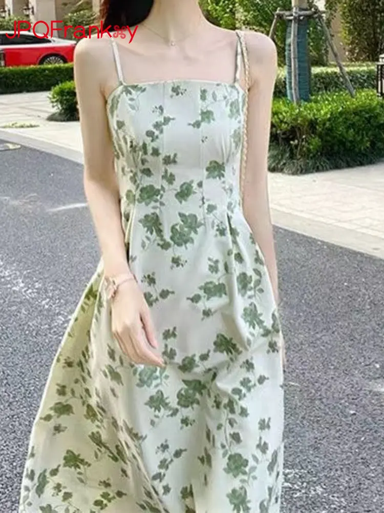

Летнее зеленое платье-комбинация в стиле преппи, женское платье с цветочным рисунком на талии, Платья-макси для женщин, летняя одежда для женщин, 2023