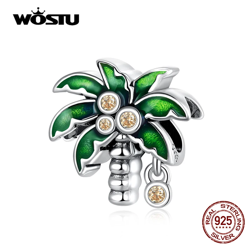 

WOSTU 925 Sterling Silver Coconut Tree Charm Green Enamel Zircon Beads Pendant Fit Original Bracelet For Women Jewelry CTC601